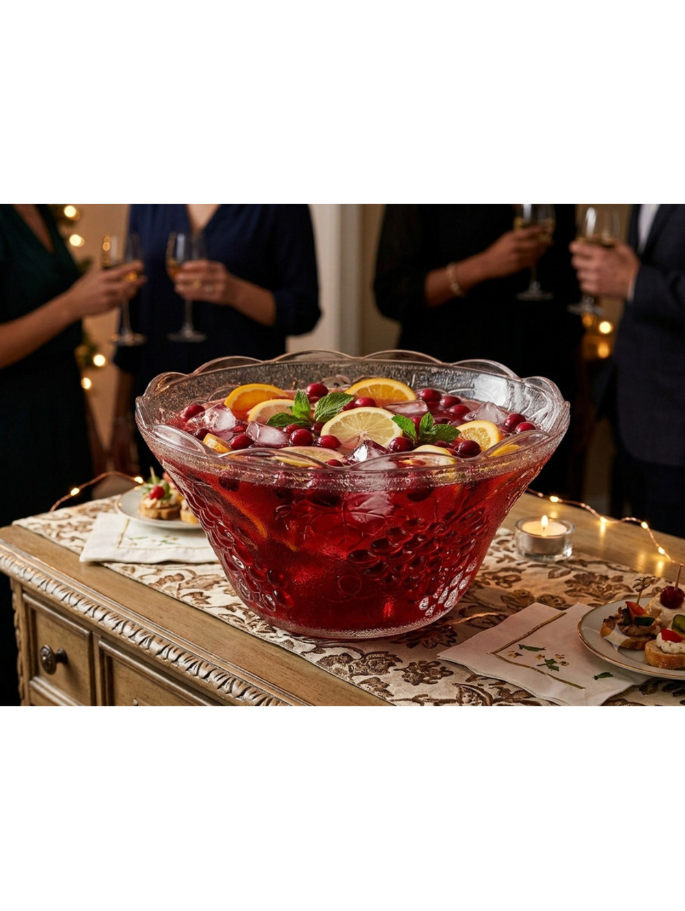 Vintage Clear Pressed Glass Grapes Punch Bowl Salad Centerpiece Scalloped 12.5"